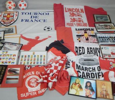 A collection of football related pictures and flags