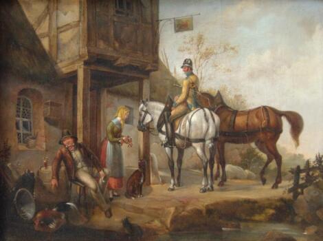 19thC Continental School. Tavern scene with officers on horseback
