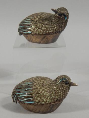 A pair of Su Hai sterling silver and enamel quail