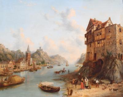 Henry C Gritten (1818-1873). A Rhineland river scene with numerous boats