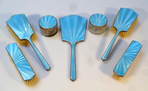 An Art Deco George VI blue enamel silver and glass dressing table set