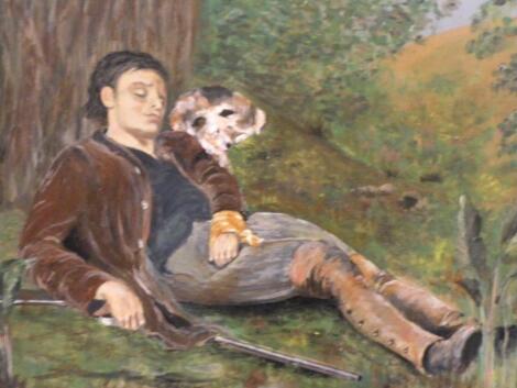 A 20thC English School. Figure sleeping aside dog and rifle