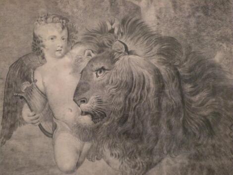 AMJ Ro**eby (19thC). Lion and cherub drawing