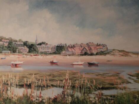 I Lindsay (20thC). Coastal scene boats before houses and spire