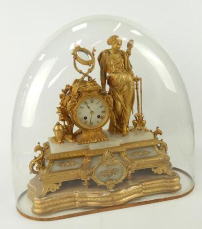 A 19thC French burnished gilt spelter and onyx figural mantel clock