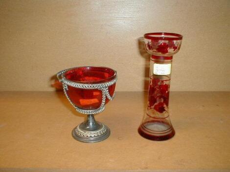 A cranberry glass and EPNS sugar basket