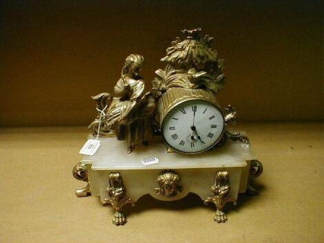 A late 19th C gilt metal and alabaster mantel clock