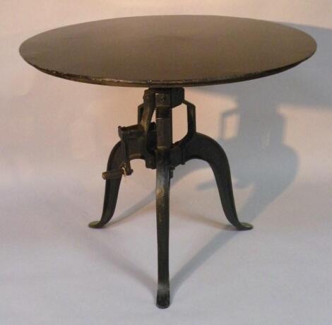 A 20thC metal frame adjustable crank table