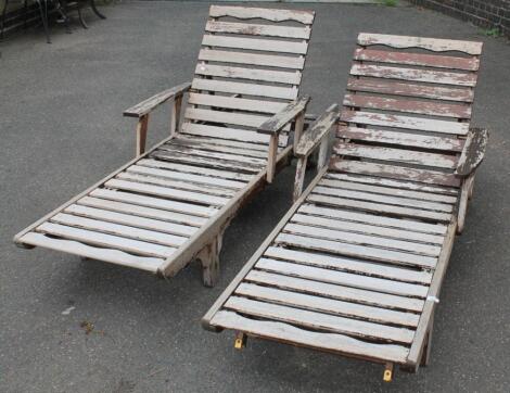 Two Lister teak folding steamer deck chairs