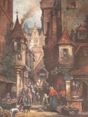 Fritz Roberts (fl 1901). Continental street scene figures and animals before houses