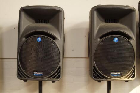 A pair of Mackie SRM 450 Active Sound reinforcement monitor system speakers