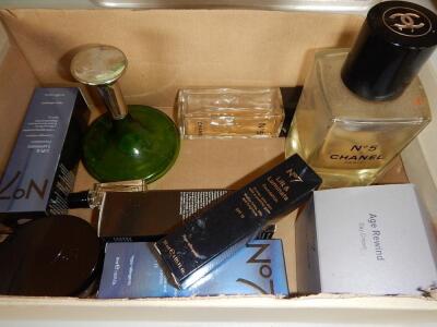 A selection of perfume and beauty products.