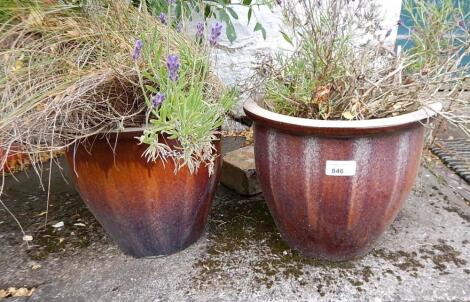 Two brown glazed planters.