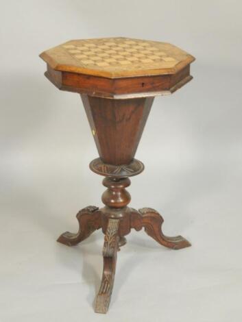 A Victorian walnut and marquetry trumpet shaped work/games table