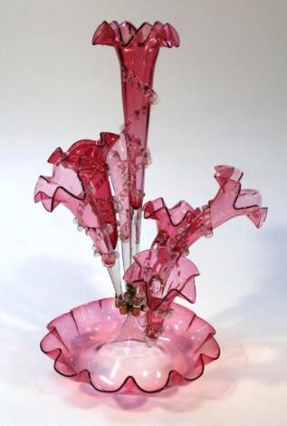 A cranberry and clear glass epergne