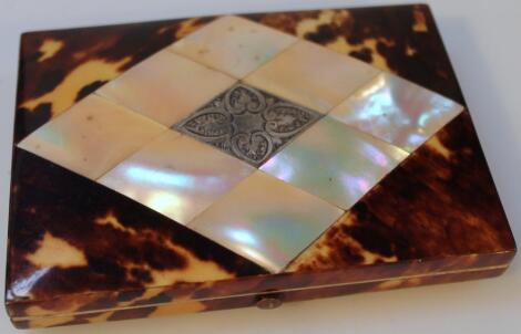 A Victorian tortoiseshell mother of pearl and white metal card case