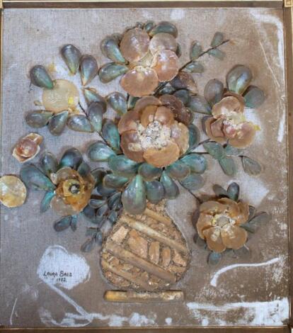 Laura Saez (20thC). Still life shell collage signed on canvas back