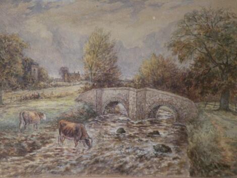 H Bickley (19thC). Cattle watering in a stream before bridge and house and another