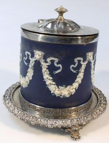 A late 19thC dark blue Jasperware biscuit box