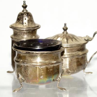 A George V silver three piece condiment set