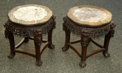 A pair of late 19thC Chinese rosewood jardiniere stands