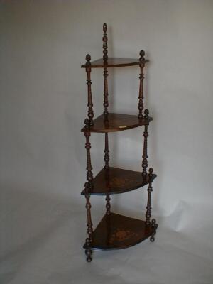 A late Victorian walnut marquetry corner whatnot with four graduated shelves