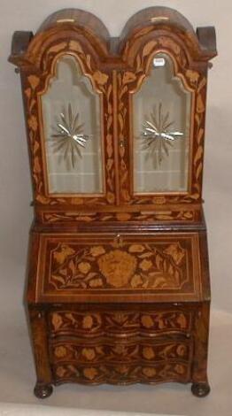 A Dutch style floral marquetry walnut miniature cabinet bureau bookcase