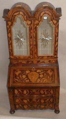 A Dutch style floral marquetry walnut miniature cabinet bureau bookcase