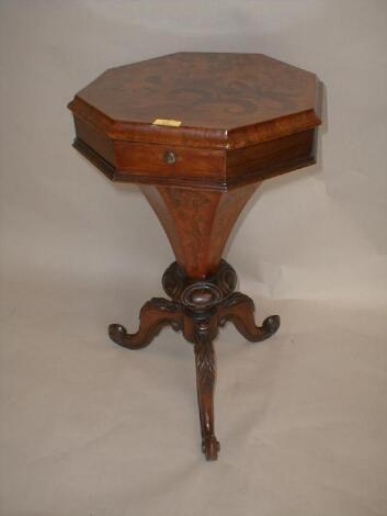 A Victorian rosewood marquetry trumpet work table with an octagonal top