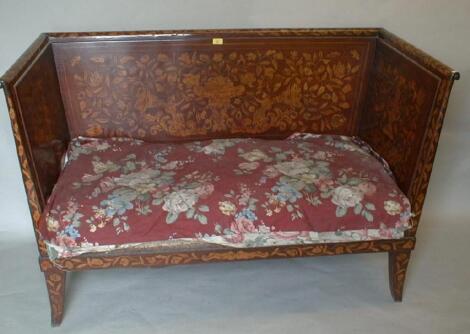 A 19thC Dutch floral marquetry boudoir sofa inlaid with floral panels of