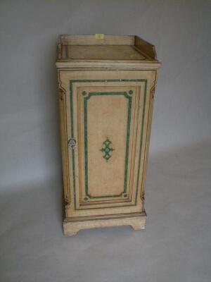 A Victorian grain painted pine pot cupboard with faux malacite inlay to the top and door