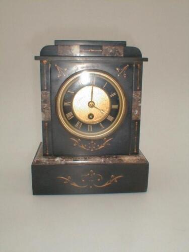 A 19thC polished slate mantel clock inset with scratch card gilt decoration