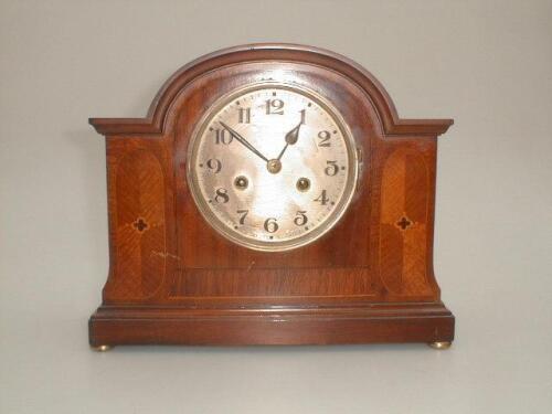 An Edwardian inlaid mahogany mantel clock with 6" dial with Arabic numerals