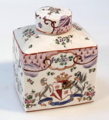 An export porcelain armorial tea caddy