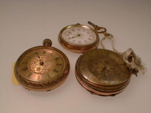 Three yellow metal fob watches (AF)