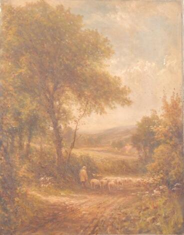 19thC School. Shepherd driving his flock in landscape