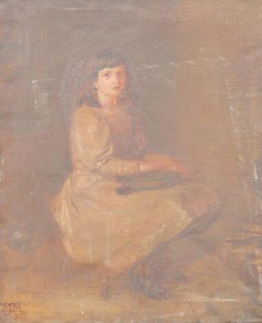 M.J.M. (19thC Monogramist). Kneeling portrait of a teenage girl with bellows