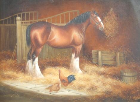 Sue Whigham (b.1957-). Heavy horse and poultry in a loose box