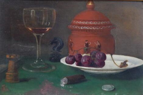 19thC English school. Still life study of a wine glass and grapes