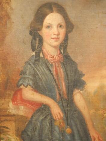 19thC British School. Portrait of a young girl with hair ribbons