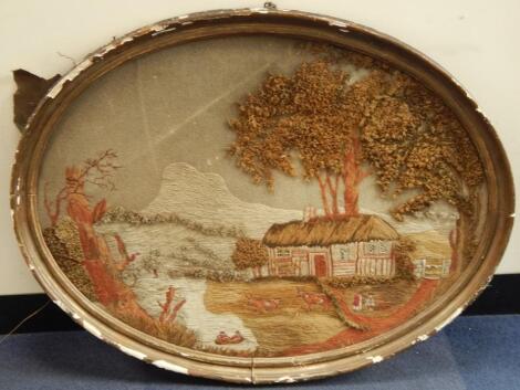 An early 19thC wool and needlework landscape picture