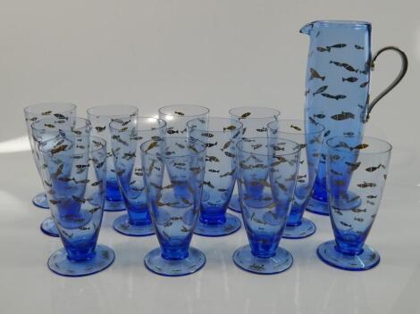 A Nick Munro blue glass water set