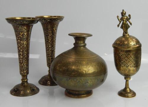 An Indian Benares brass compressed spherical vase