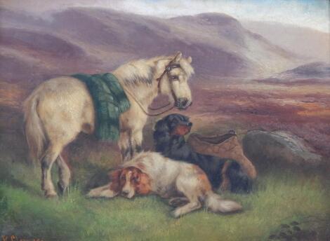 Robert Cleminson (act.1864-1903). Pony and dogs in highland landscape