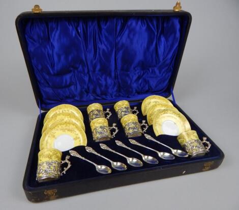 A Victorian Crown Staffordshire eggshell porcelain and silver mounted coffee set