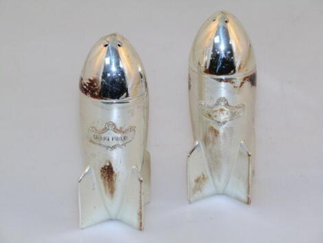 A silver plated Craig Field rocket design two piece cruet set