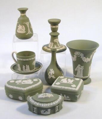 Various Wedgwood boxed sage green Jasperware