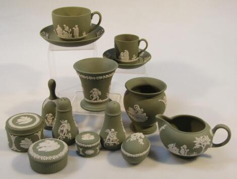 Various boxed Wedgwood sage green Jasperware