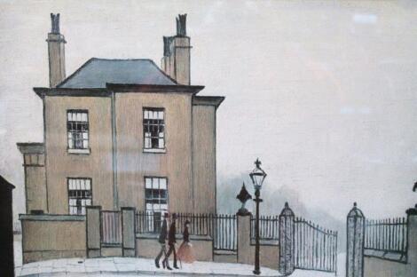 After Lowry. Street scene figures before house