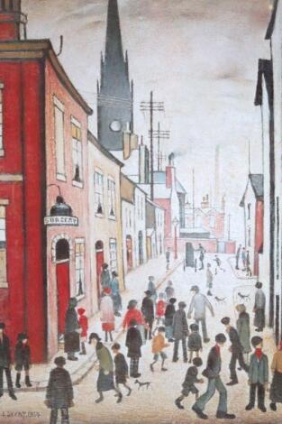 After Lowry. Street scene figures before spire